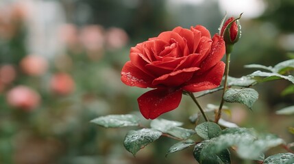 Obraz premium Red Rose Blossom and Bud with Water Droplets in Outdoor Garden