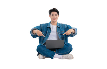 Full body image of Asian guy using laptop on png background	