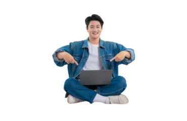 Full body image of Asian guy using laptop on png background	