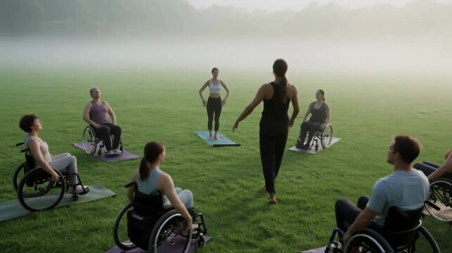 Inclusive group of people in wheelchairs practices yoga with an instructor in a misty park, promoting adaptive fitness, wellness for all abilities and community health outdoors