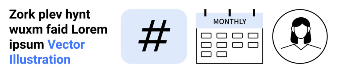 metadata tag icon, monthly calendar, and user profile graphic conveying organization, branding, and social connectivity. Ideal for planning, scheduling, marketing, branding analytics profile setup