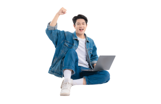 Full body image of Asian guy using laptop on png background	