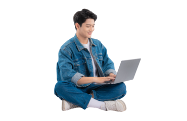 Full body image of Asian guy using laptop on png background	
