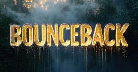 Golden lettering spells Bounceback against blurred forest backdrop. Dripping gold effect adds dramatic visual interest. Text dominates composition.