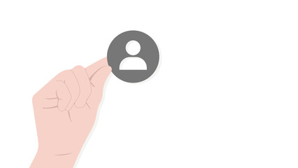 Illustration of a hand holding a dark gray circular user profile icon with a person symbol on a white background.