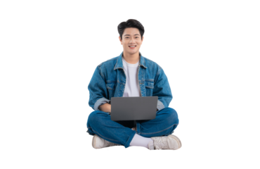 Full body image of Asian guy using laptop on png background	