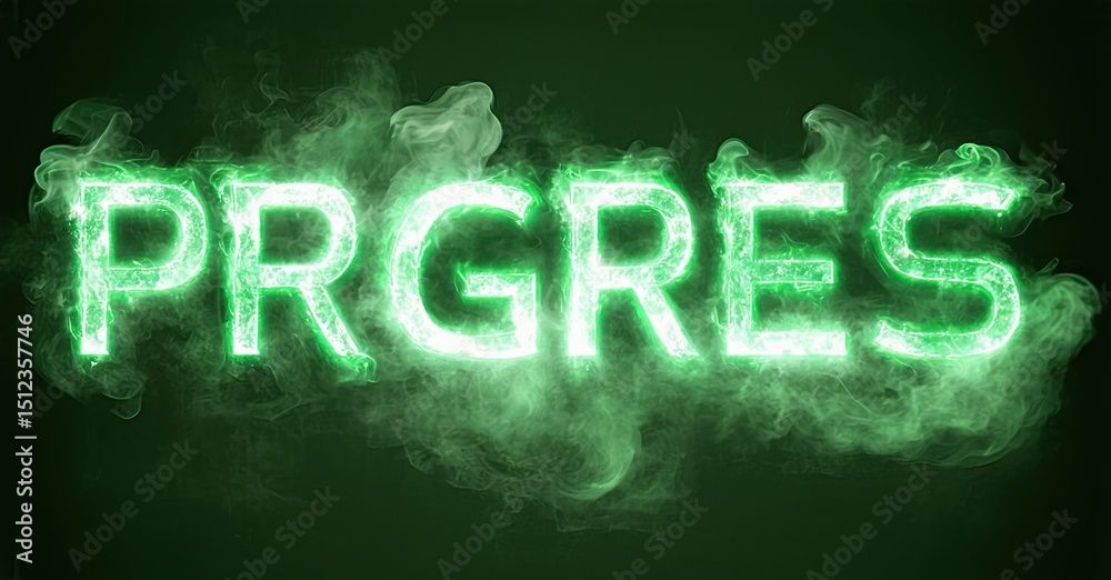 Poster bright green text spells prgres with smoky effects. dark background enhances glowing letters, creati
