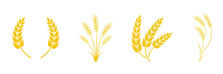 Wheat wreaths and grain spikes set icons. Gold wheat silhouette collection. Wheat or rice icon symbol. Vector illustration.