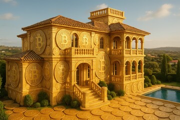 Fototapeta premium BTC, Bitcoin, Blockchain, Digital Currency, Crypto, luxury, success, mining, house made of bitcoin, home, mansion, estate