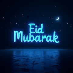 Vibrant Eid Mubarak template with glowing blue light and abstract crescent moon