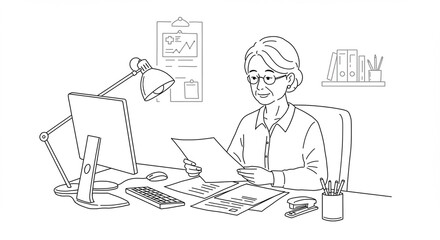 Elderly woman reviews documents at office desk workspace computer lamp stationery illustration lineart design