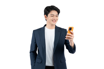 Portrait of young Asian business man using phone and posing on PNG background	
