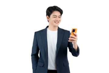 Portrait of young Asian business man using phone and posing on PNG background	
