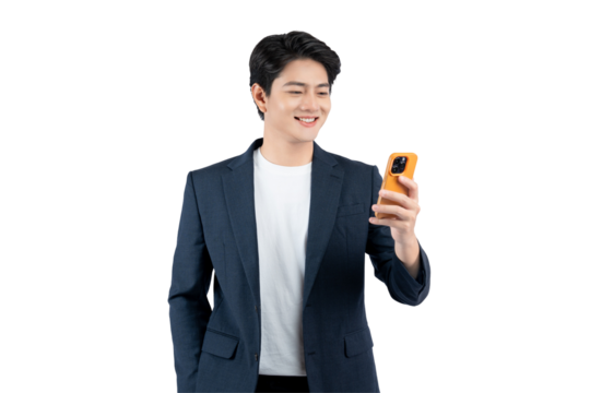 Portrait of young Asian business man using phone and posing on PNG background	
