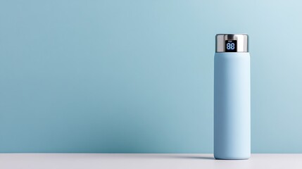 Insulated water bottle with temperature display for hot and cold drinks on a light blue background
