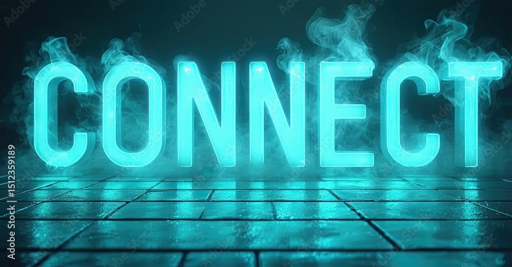 Aufkleber bright neon word connect glows on tiled floor. smoke surrounds illuminated letters, creating dramati
