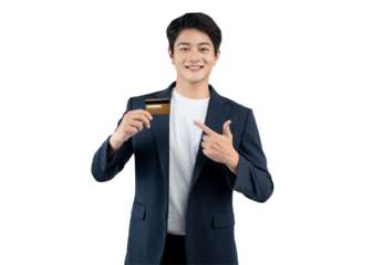 Portrait of young Asian business man holding bank card and posing on PNG background	
