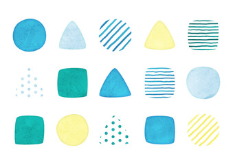 水彩のあしらい素材イラストセット（青色・緑色・黄色）