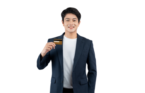 Portrait of young Asian business man holding bank card and posing on PNG background	
