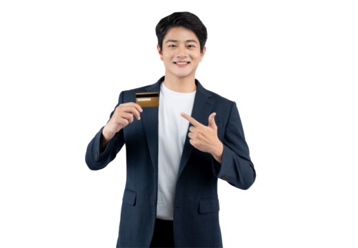 Portrait of young Asian business man holding bank card and posing on PNG background	
