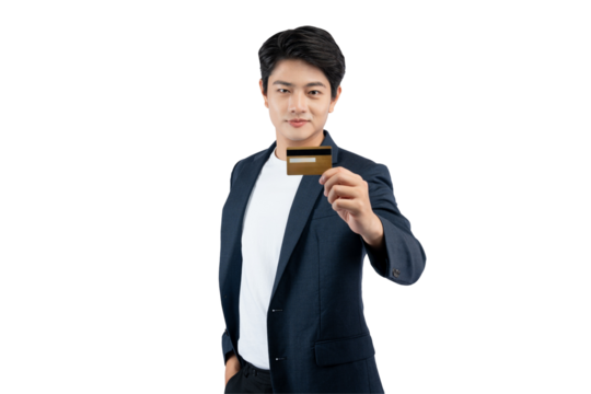 Portrait of young Asian business man holding bank card and posing on PNG background	
 - Powered by Adobe