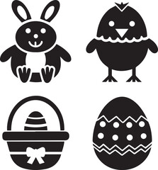 Easter Mini Icon Set with Bunny Chick Egg and Basket in Kawaii Style