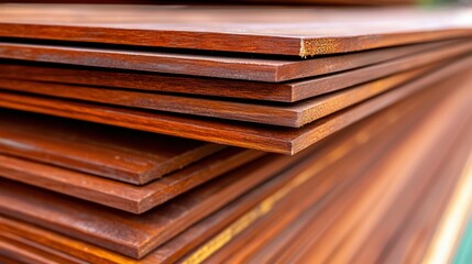 Close-up view of a stack of wooden planks, showcasing their rich, reddish-brown color and slightly worn appearance.