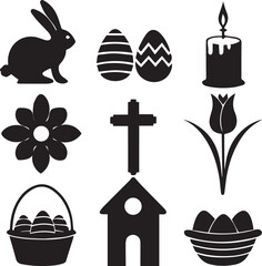 Easter Icons Set with Bunny Basket Eggs and Cross in Line Style