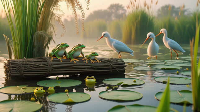 wetland preservation - A thriving wetland with healthy reeds, lily pads, frogs, and birds nesting, representing successful wetland preservation