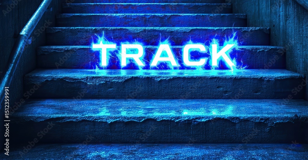 Poster concrete steps illuminated with vibrant blue light. word track glows brightly on central step, creat