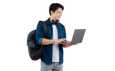 Portrait of Asian male student wearing backpack and headphones, typing laptop, looking on png background	