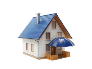 House protected: A charming house model with a blue roof is shielded by a miniature umbrella, highlighting the concept of property protection and security.