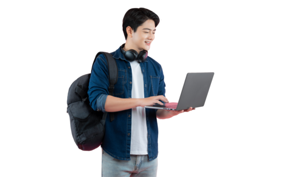 Portrait of Asian male student wearing backpack and headphones, typing laptop, looking on png background	