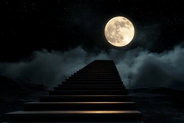 Stairway to heaven under moonlight night sky with stars and clouds dreamy fantasy background image