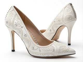 Fototapeta premium Elegant Embroidered Bridal Heels Two-Shoe Composition, Close-up, White Satin, High Heels, Wedding Shoes bridal shoes, wedding heels