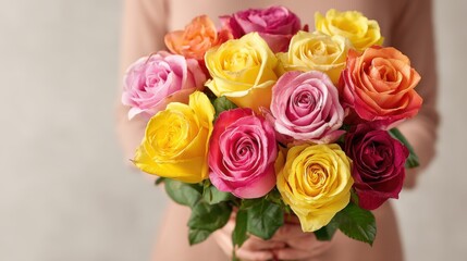 Vibrant bouquet of 14 gradient roses held by woman against minimalistic background