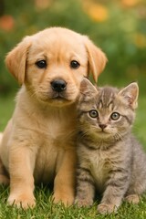 Adorable puppy kitten friendship