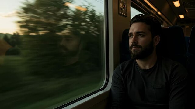 Bearded man gazes thoughtfully out of a train window at the passing countryside landscape during sunset, reflecting on his journey or commuting with a sense of calm contemplation