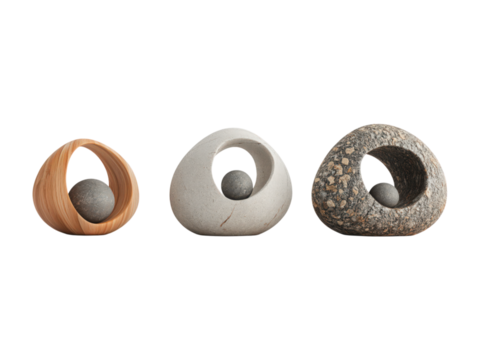 Zen stone sculpture: Three zen stone sculpture representing nature materials like wood, concrete and stone