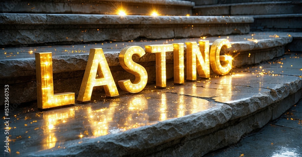 Poster illuminated lettering spells lasting upon stone steps. warm light reflects, creating dramatic visual