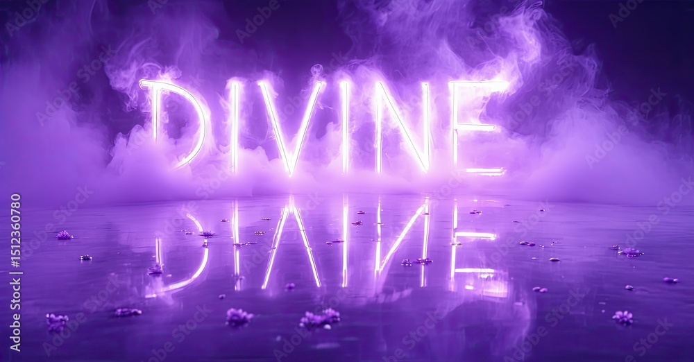 Poster purple neon sign spelling divine reflected on wet surface. smoke fills background creating dramatic 