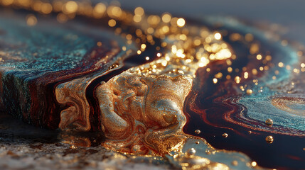 Molten gold blue copper glitter abstract landscape metallic texture rich art