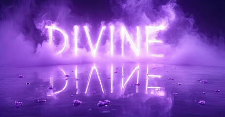 Fototapeta na wymiar Purple neon sign spelling DIVINE reflected on wet surface. Smoke fills background creating dramatic effect. Intense lighting.