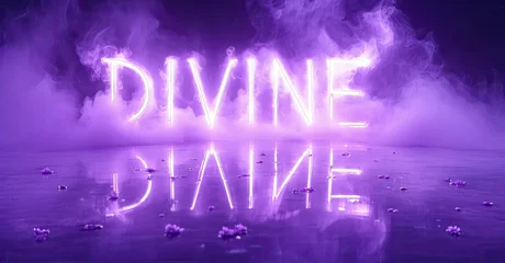 Gordijnen Purple neon sign spelling DIVINE reflected on wet surface. Smoke fills background creating dramatic effect. Intense lighting. © antishock