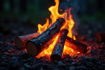 Close-up of glowing embers, logs burning in a campfire , warmth, texture, red