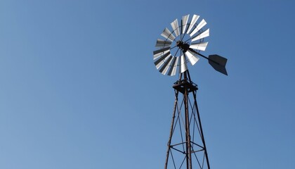 Vintage windmill against clear blue sky offers a nostalgic glimpse of rural life and farming history