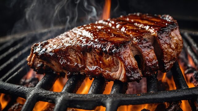 Parrillada de verano: carne ahumada asándose a la perfección en una barbacoa al aire libre, lista para disfrutar con amigos y familia en una reunión.