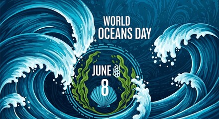 World Oceans Day Vector: Dynamic Waves, Sea Shell, June 8th Celebration in Aquatic Blue Tones for Environmental Awareness, Conservation Events and Oceanic Preservation Advocacy.