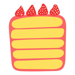 Birthday cake, sponge cake with strawberries hand drawn illustration, isolated vector. Flat style design. Birthday celebration, festival, carnival, party clip art, element