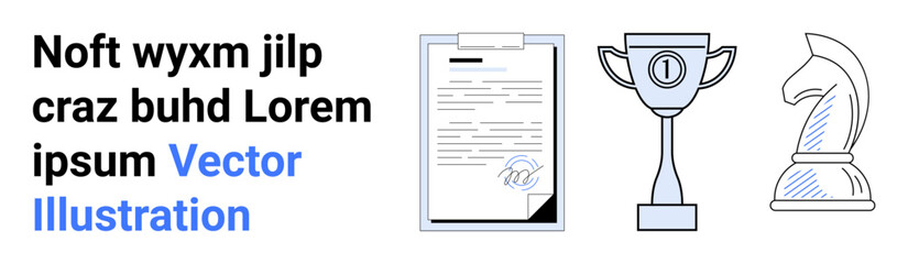 Document with signature, trophy for achievement and chess knight for strategy. Ideal for achievement, success, strategy, leadership, competition, teamwork, simple landing page